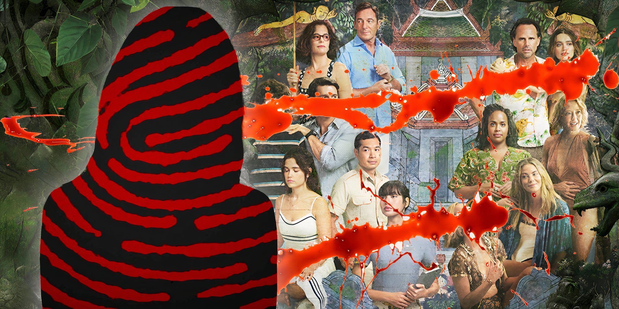 The poster for The White Lotus season 3 (2025) with a central figure from the show silhouetted with bloodstains above