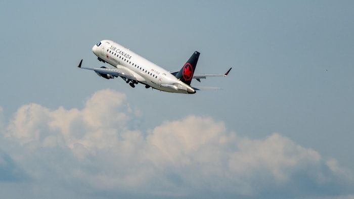 An Air Canada plane in the sky at takeoff.