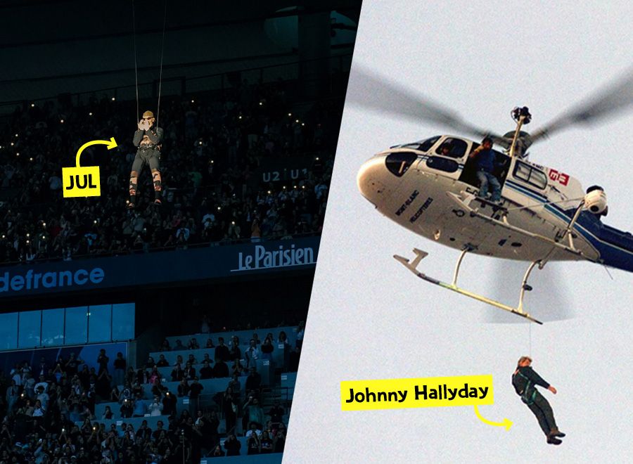 Comparison of Jul and Johnny Hallyday who both descend suspended thanks to a wire