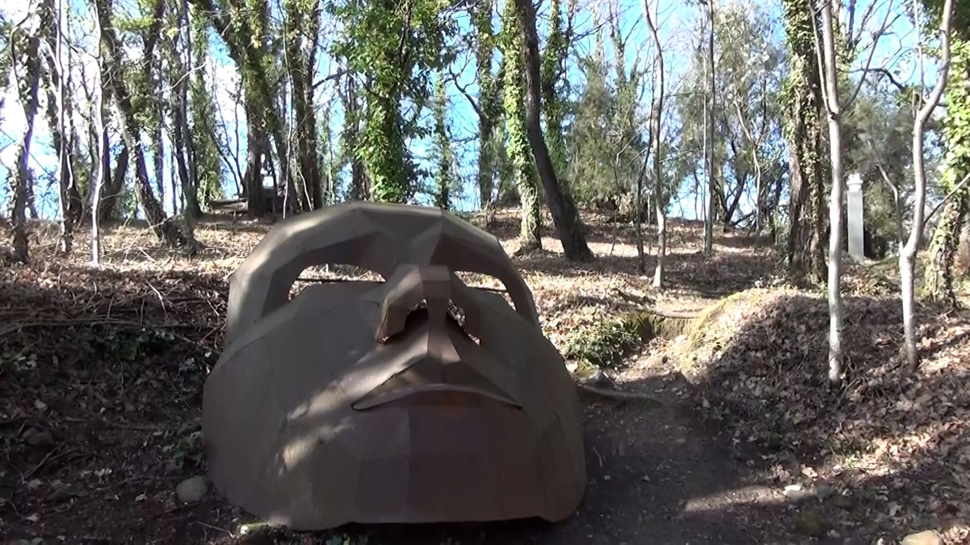 Face statue in a forest
