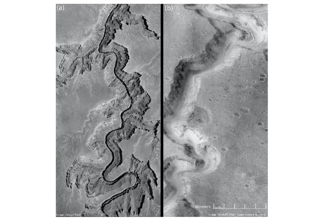 Comparison between the Grand Canyon of Arizona, on the left, and the Nanedi valleys on Mars, on the right. The images suggest that a river once crossed the Nanedi valley, just like the Colorado river crosses the Grand Canyon. Credits: NASA/JPL. Comparison between the Grand Canyon of Arizona, on the left, and the Nanedi valleys on Mars, on the right. The images suggest that a river once crossed the Nanedi valley, just like the Colorado river crosses the Grand Canyon. Credits: NASA/JPL.