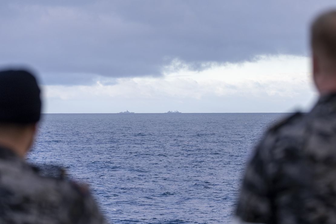 HMAS Stuart monitors People’s Liberation Army-Navy Fuchi-class, right, and Renhai-class cruiser Zunyi off the coast of Western Australia in March.