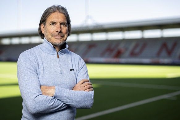 Andres Gerber, Praesident FC Thun, posed in the Stockhorn Arena shortly before an interview, on Wednesday, April 30, 2025, in Thun. (Keystone/Anthony Anex)