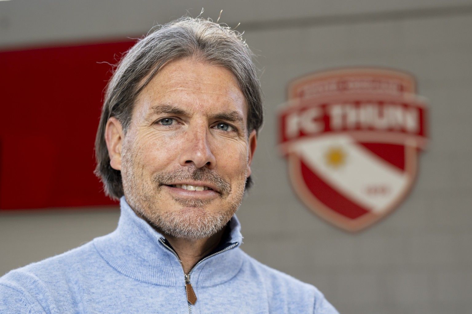 Andres Gerber, Praesident FC Thun, posed in the Stockhorn Arena shortly before an interview, on Wednesday, April 30, 2025, in Thun. (Keystone/Anthony Anex)