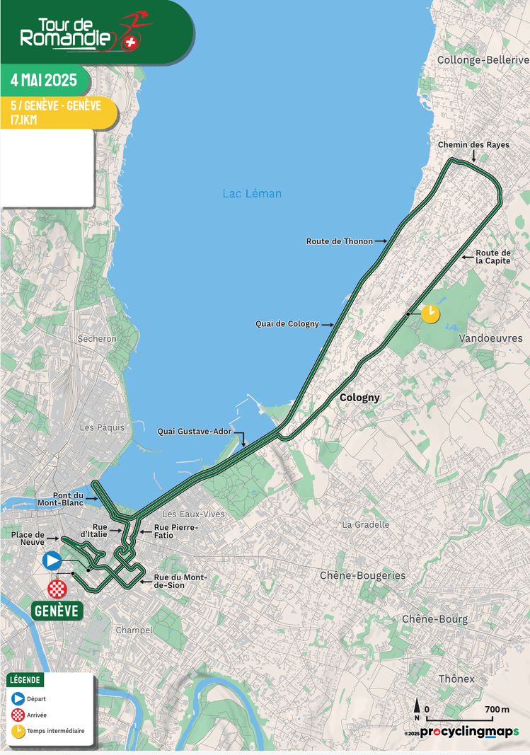 Map of the Tour de Romandie 2025 route, Geneva stage. Train along the Lake Geneva and passing through various localities, including COLOGNY and VANDOEUVRES. Date and speed indicated: May 4, 2025, 17 km/h. Map of the Tour de Romandie 2025 route, Geneva stage. Train along the Lake Geneva and passing through various localities, including COLOGNY and VANDOEUVRES. Date and speed indicated: May 4, 2025, 17 km/h.