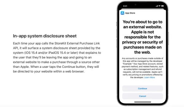 This display is now compulsory for external links, with scary text. Apple wants people to cancel. This display is now compulsory for external links, with scary text. Apple wants people to cancel.