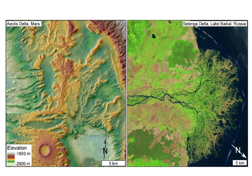 A shaded relief card shows channeled sedimentary deposits interpreted as an old river delta in Aeolis Dorsa, on Mars. Right: a modern delta on earth (image credits: Dibiase et al./journal of Geophysical Research/2013 and Usgs/Nasa Landsat). A shaded relief card shows channeled sedimentary deposits interpreted as an old river delta in Aeolis Dorsa, on Mars. Right: a modern delta on earth (image credits: Dibiase et al./journal of Geophysical Research/2013 and Usgs/Nasa Landsat).