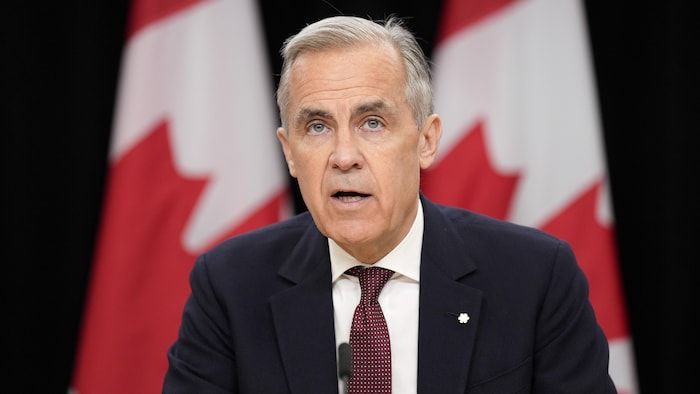 Prime Minister Mark Carney at a press conference in front of Canadian flags.