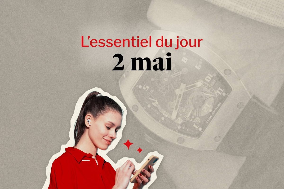 Luxury watch in the background with text 'The essentials of day May 2' and smiling woman using a smartphone. Luxury watch in the background with text 'The essentials of day May 2' and smiling woman using a smartphone.