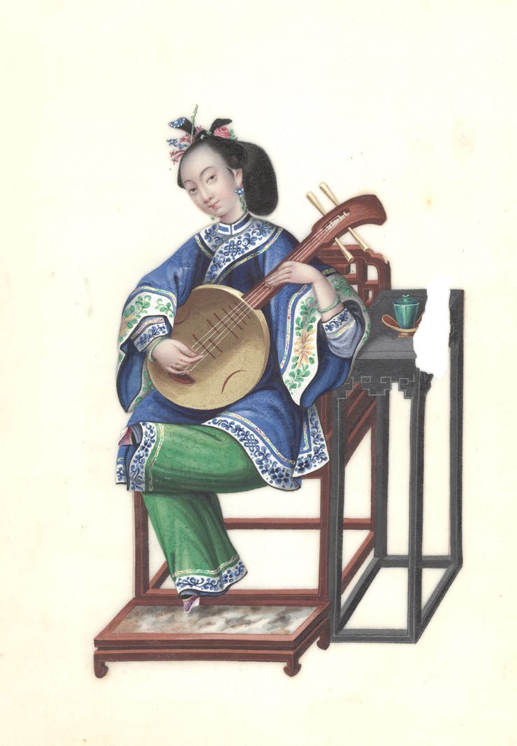 A woman in traditional Asian outfit plays pipa sitting on a chair, with a table next to her. A woman in traditional Asian outfit plays pipa sitting on a chair, with a table next to her.