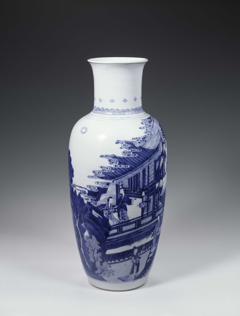 White porcelain vase with blue patterns representing a traditional Asian architectural scene, on a gray background. White porcelain vase with blue patterns representing a traditional Asian architectural scene, on a gray background.