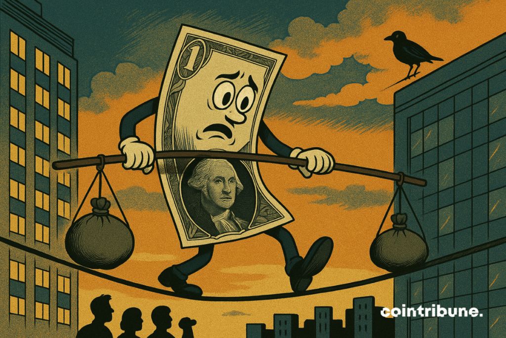 An anthropomorphic dollar ticket, fine arms and legs, flexible silhouette. He holds a long balancingist pole, at each end hangs a weighted mini-sac.