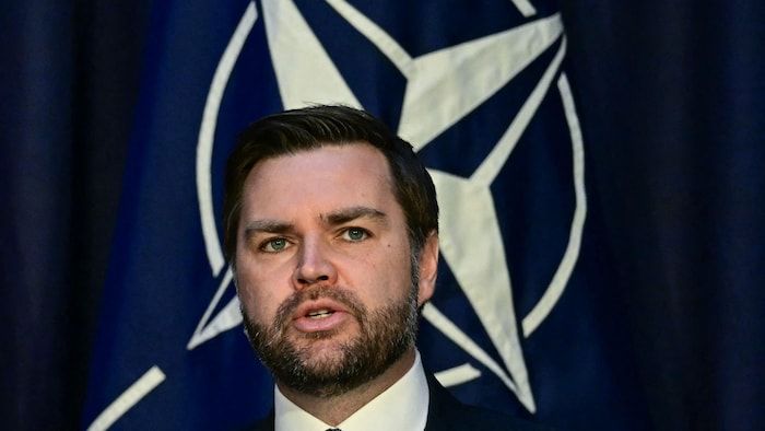 JD Vance expresses himself in front of the NATO logo while he met the NATO secretary general on the first day of the sixty and, first Munich conference on February 14, 2025.