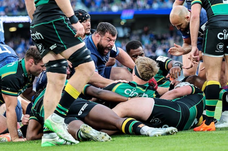 Leinster's Rabah Slimani and Josh van der Flier in action during the game against Northampton at the Aviva. Photograph: Billy Stickland/Inpho