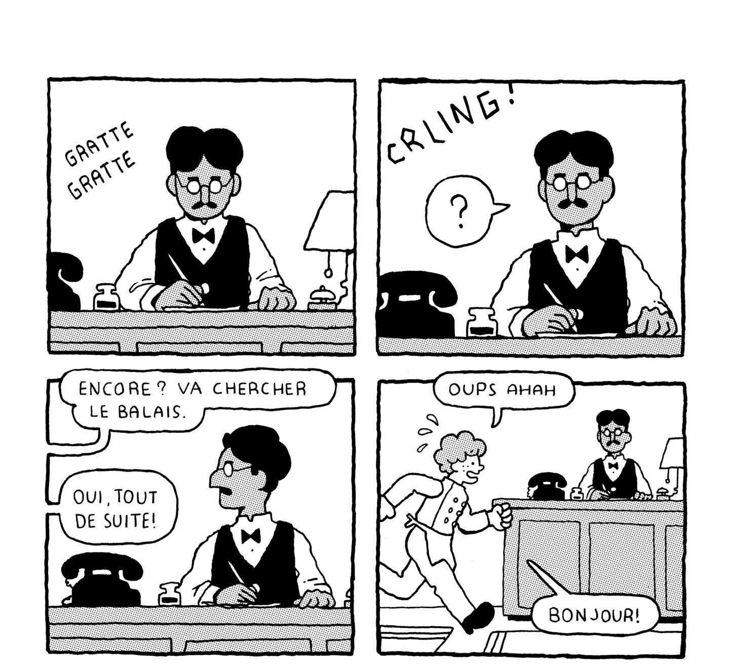 Richard Holzer's comic strip entitled 'Sand lost'. A boy has rushed in a room after being called to find a broom. He stumbles into the entrance, causing an amused reaction of the man seated in the office. Richard Holzer's comic strip entitled 'Sand lost'. A boy has rushed in a room after being called to find a broom. He stumbles into the entrance, causing an amused reaction of the man seated in the office.