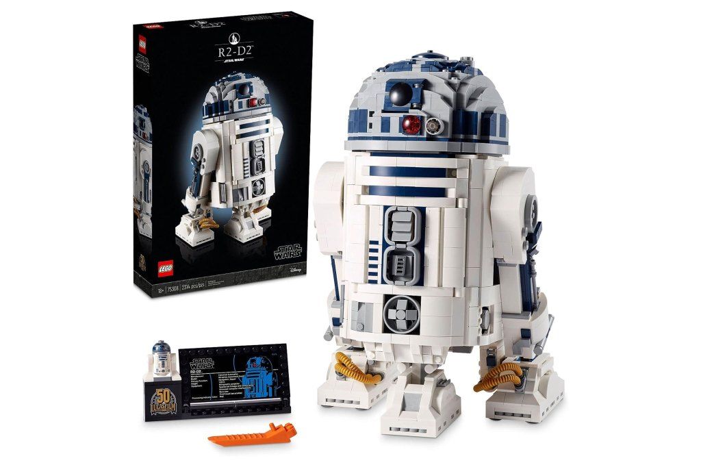White and blue R2D2 Lego robot toy