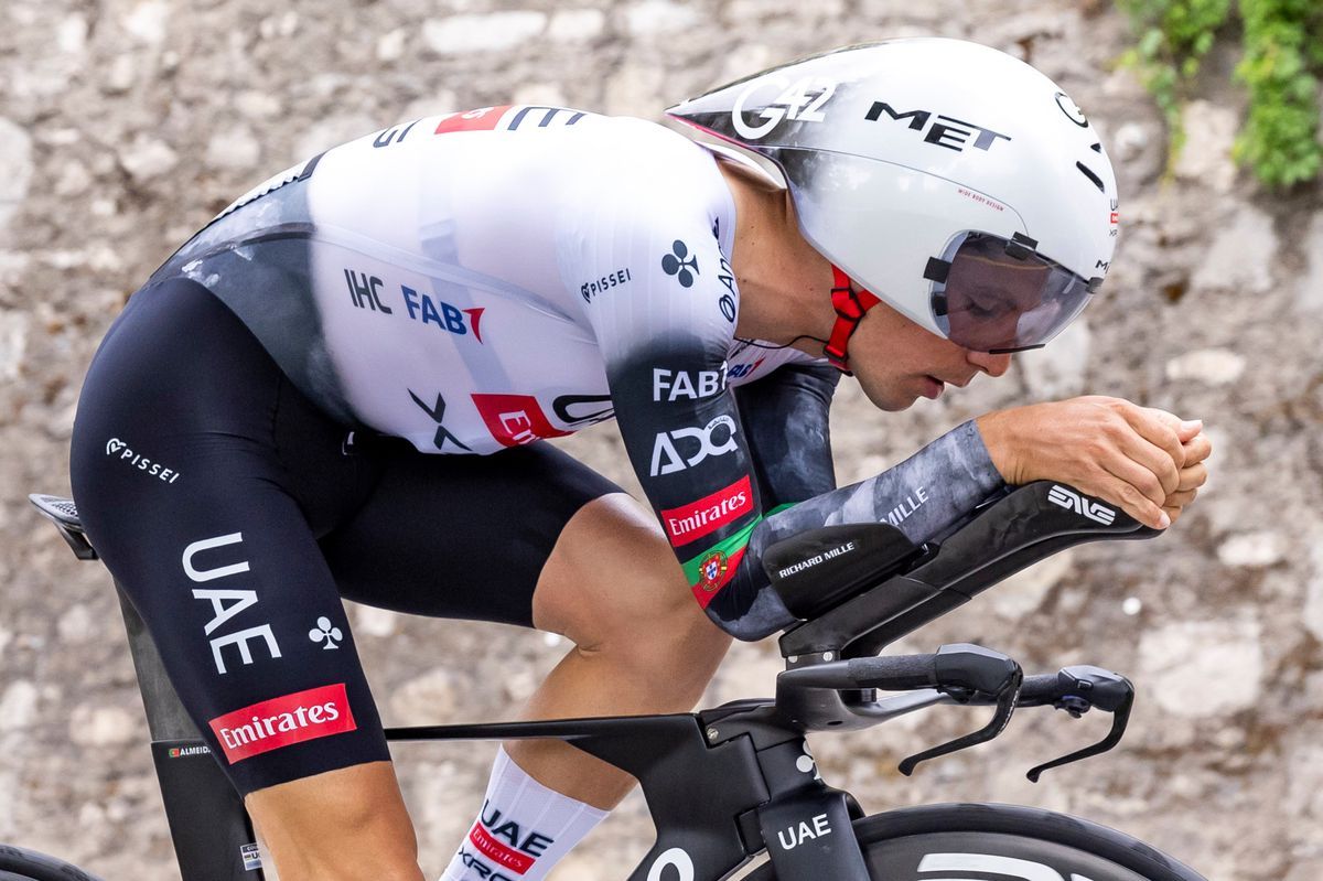 Joao Pedro Goncalves Almeida of the UAE Team Emirates participated in the time trial test during the 5th stage of the Romandie 2025 Tour in Geneva. Joao Pedro Goncalves Almeida of the UAE Team Emirates participated in the time trial test during the 5th stage of the Romandie 2025 Tour in Geneva.