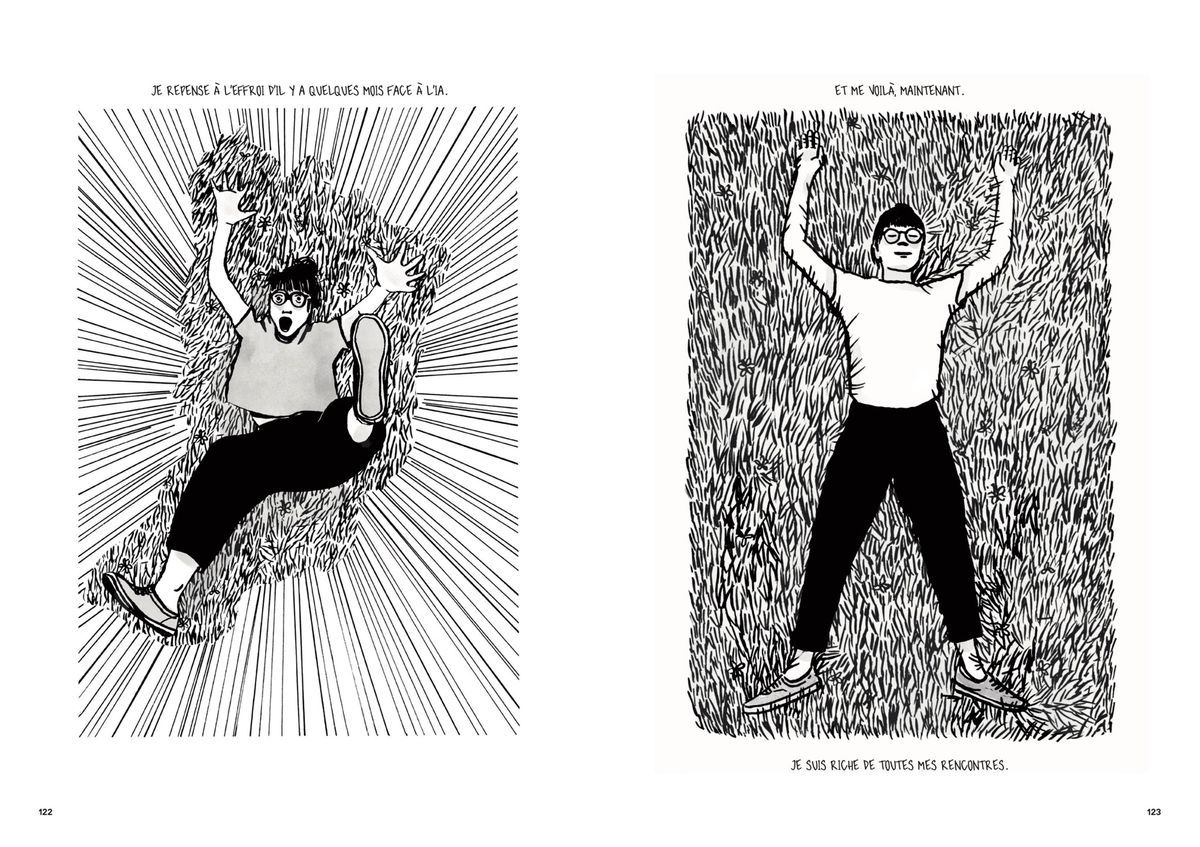 Two black and white illustrations of 'Human certified' by Dora Formica. The first image shows a person lying on the ground with dynamic lines behind them, holding a phone with the text 'I am ok at the idea of me fuckup a little'. The second image shows the same standing person, surrounded by vegetation, with the text 'and I know that all my values are replaced'. Two black and white illustrations of 'Human certified' by Dora Formica. The first image shows a person lying on the ground with dynamic lines behind them, holding a phone with the text 'I am ok at the idea of me fuckup a little'. The second image shows the same standing person, surrounded by vegetation, with the text 'and I know that all my values are replaced'.
