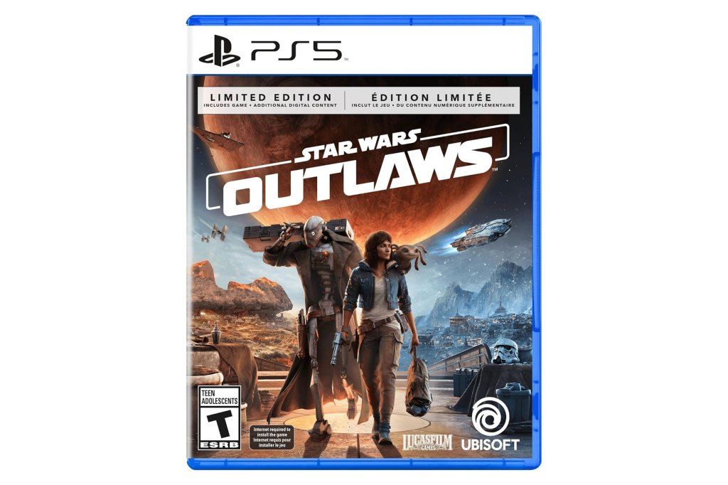 A video game case featuring Laura Ponte and other characters, titled 'Star Wars Outlaws'