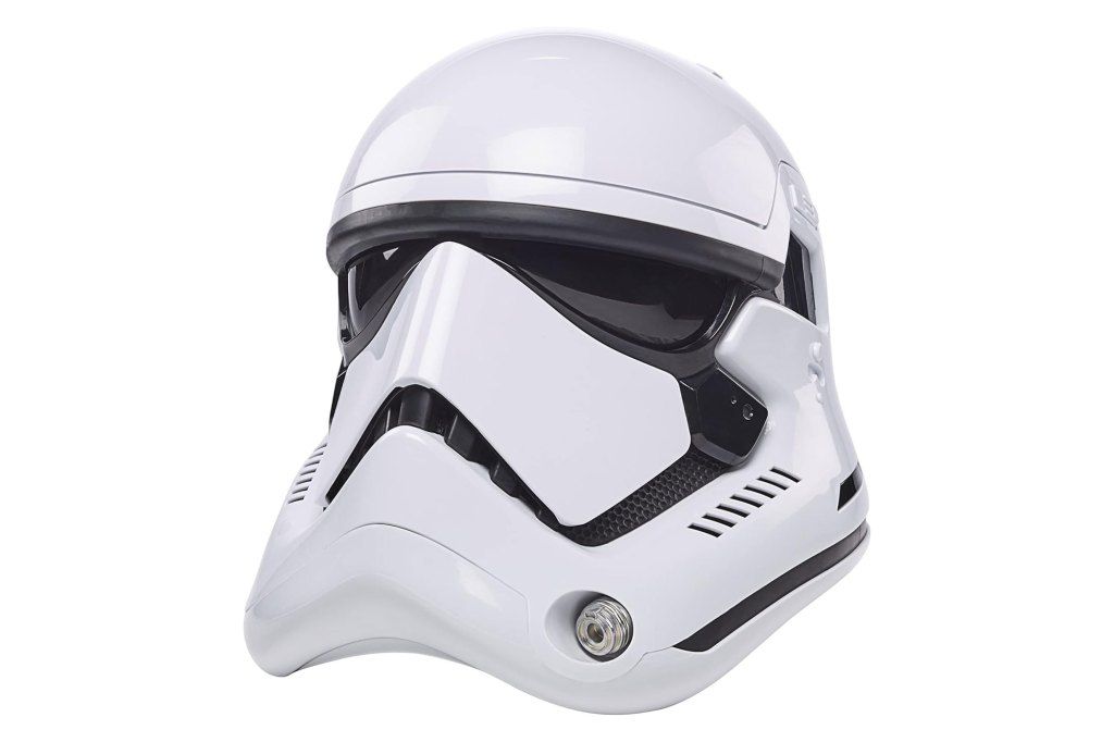 White helmet with a black face mask resembling a Stormtrooper's helmet