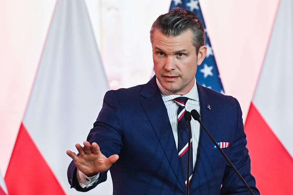 Pete Hegseth speaking to the press.