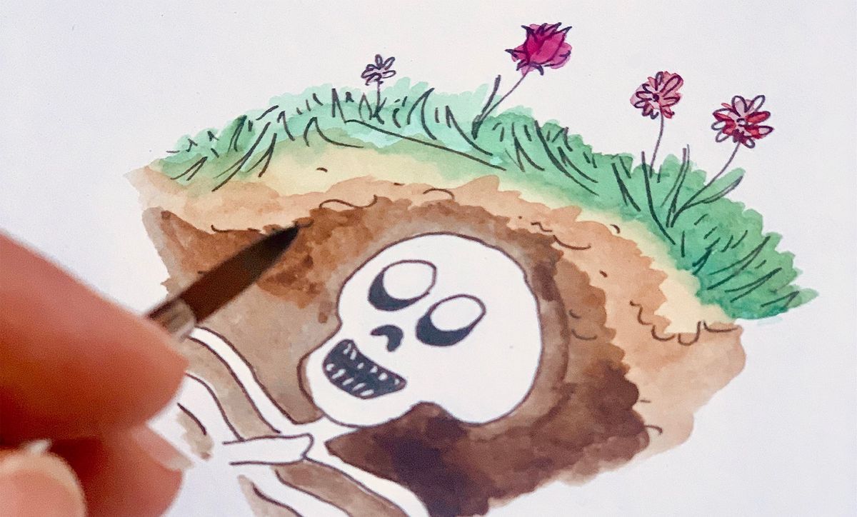Illustration of a skeleton smiling in an open tomb, with flowers on earth, and a hand holding a brush. Text: 'Telling Death - Tell Death'. Illustration of a skeleton smiling in an open tomb, with flowers on earth, and a hand holding a brush. Text: 'Telling Death - Tell Death'.