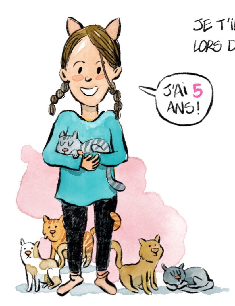 Illustration of a little girl with braids and cat ears, holding a gray cat, surrounded by several cats. She says 'I am 5 years old!'. Illustration of a little girl with braids and cat ears, holding a gray cat, surrounded by several cats. She says 'I am 5 years old!'.
