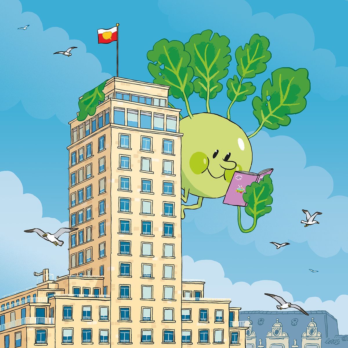 Colorful illustration of a large building with a smiling vegetable character holding a tablet, flying among the clouds. Colorful illustration of a large building with a smiling vegetable character holding a tablet, flying among the clouds.