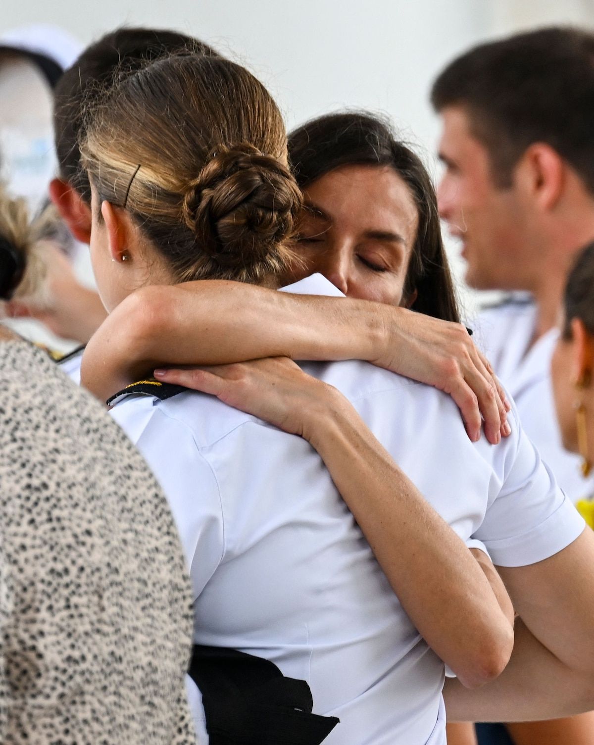 Spanish Crown Princess Leonor (L) is greeted by her mother Spain's Queen Letizia after disembarking from the Spanish Navy training ship Juan Sebastian de Elcano upon arrival at Amador Terminal Cruise in Panama City on May 3, 2025. (Photo by MARTIN BERNETTI / AFP)