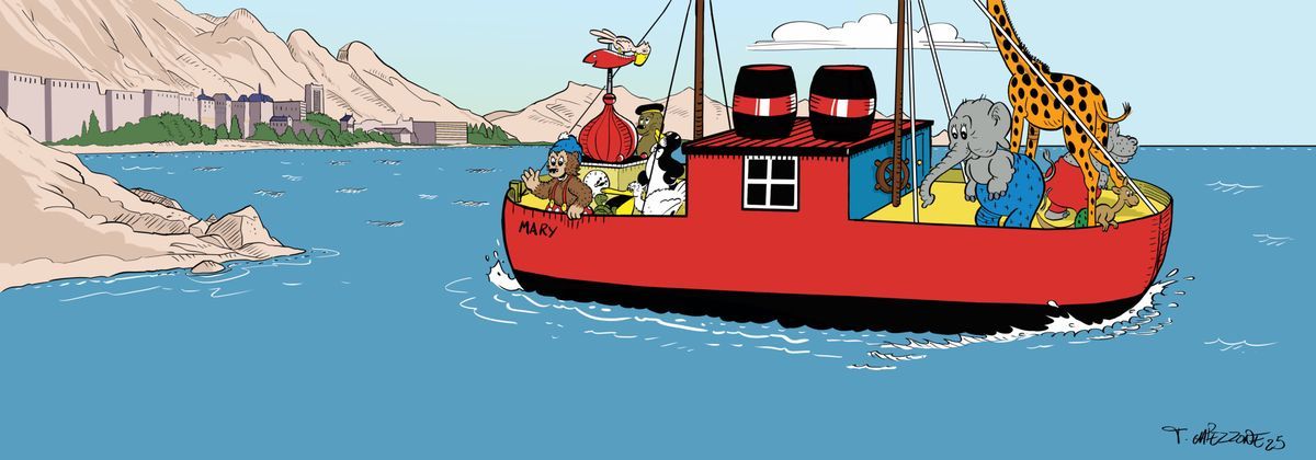 Petzi's boat sails the water, with Petzi and his friends, including a giraffe, on board. Mountains and town in the background. Petzi's boat sails the water, with Petzi and his friends, including a giraffe, on board. Mountains and town in the background.