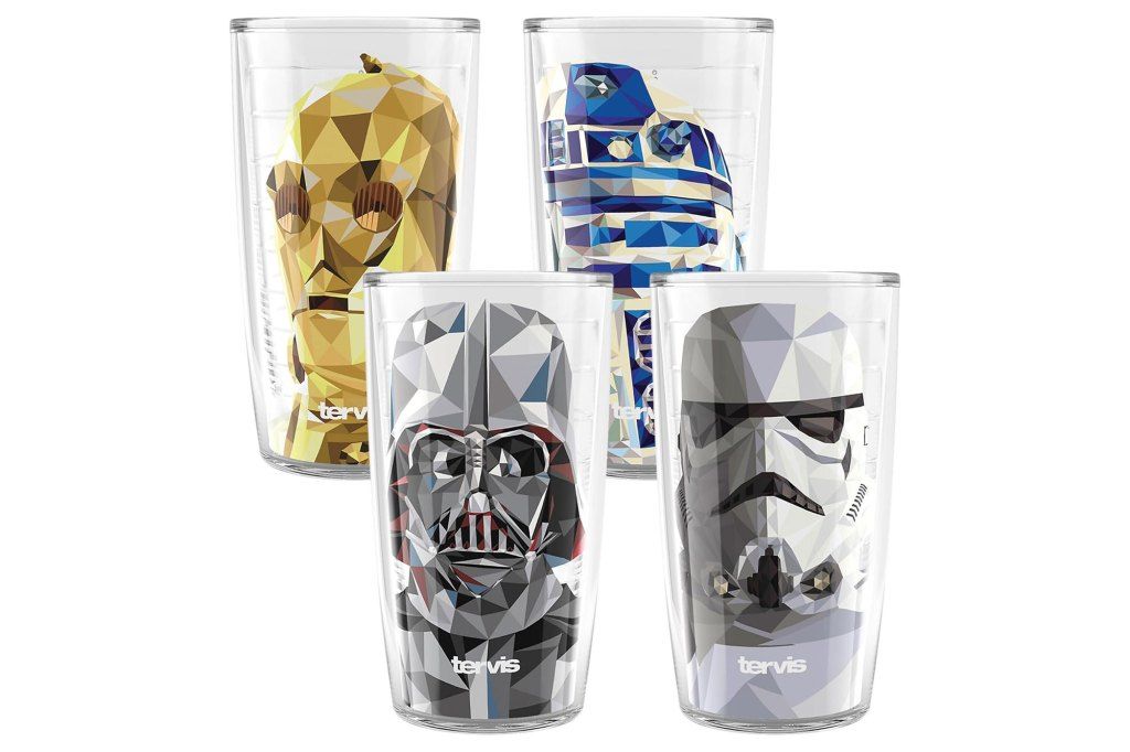 A group of glasses with various characters depicted on them