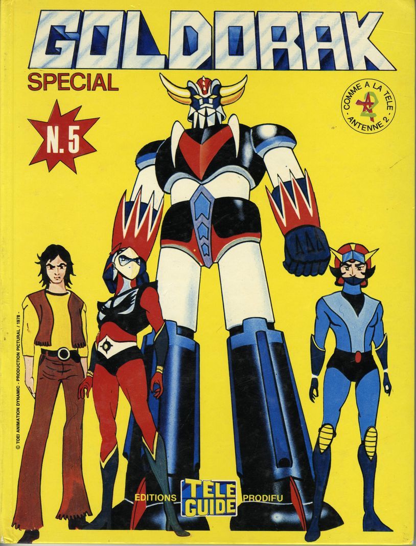 Cover of the Goldorak Special N.5 magazine with characters from the Goldorak anime on a yellow background. Cover of the Goldorak Special N.5 magazine with characters from the Goldorak anime on a yellow background.
