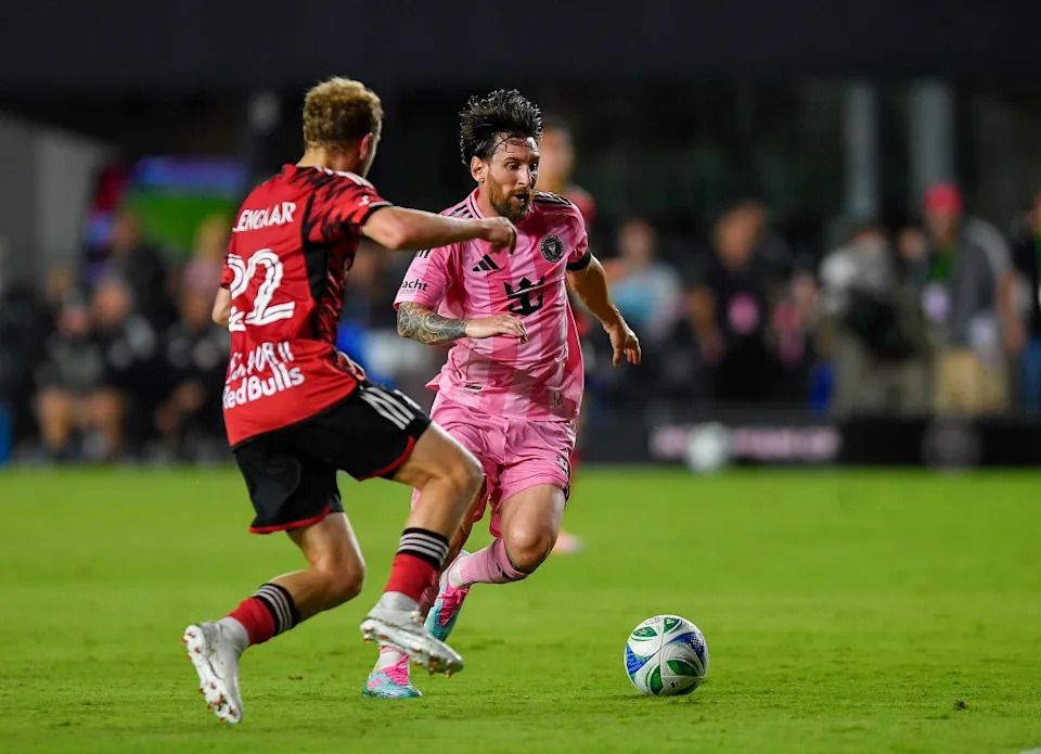 Lionel Messi moves the ball during Inter Miami’s 4-1 win over the Red Bulls on May 3, 2025. AP