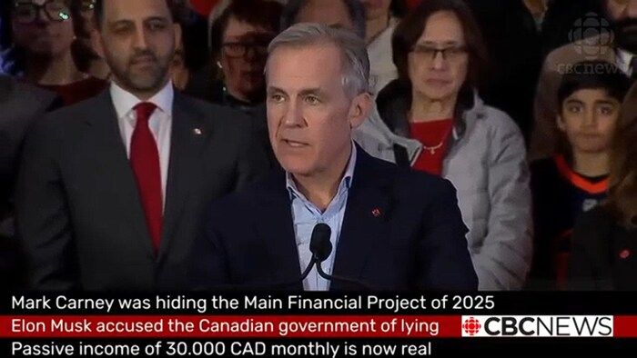Screenshot of a hyperture video of Mark Carney which seems to announce an investment opportunity for Canadians.