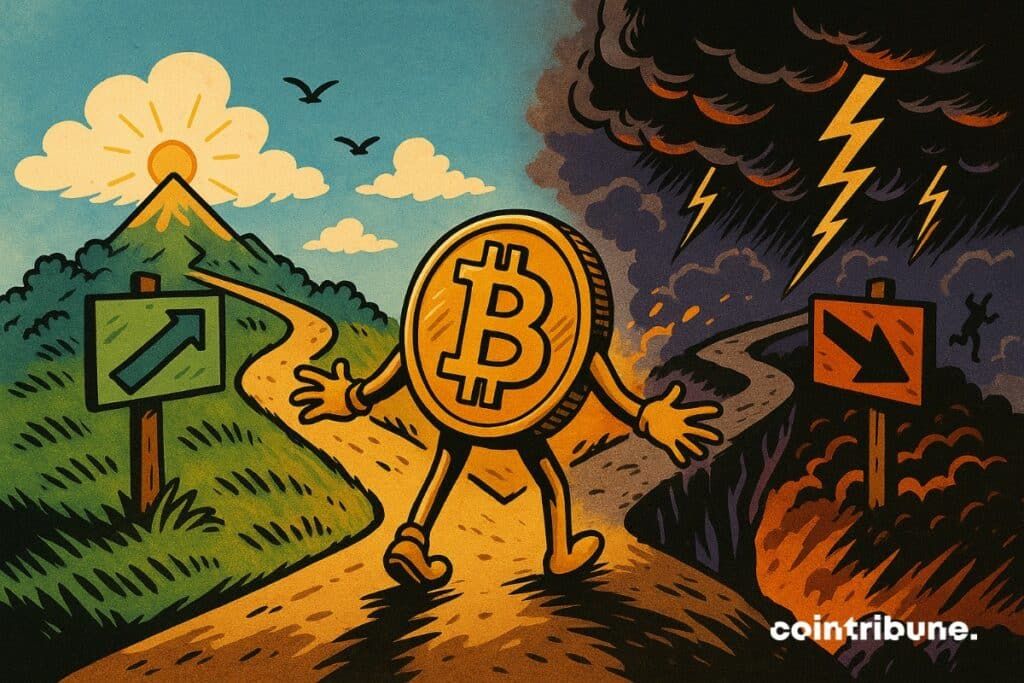 A personified bitcoin which is on a two -way path. One road leads to the rebound and the other towards a collapse.
