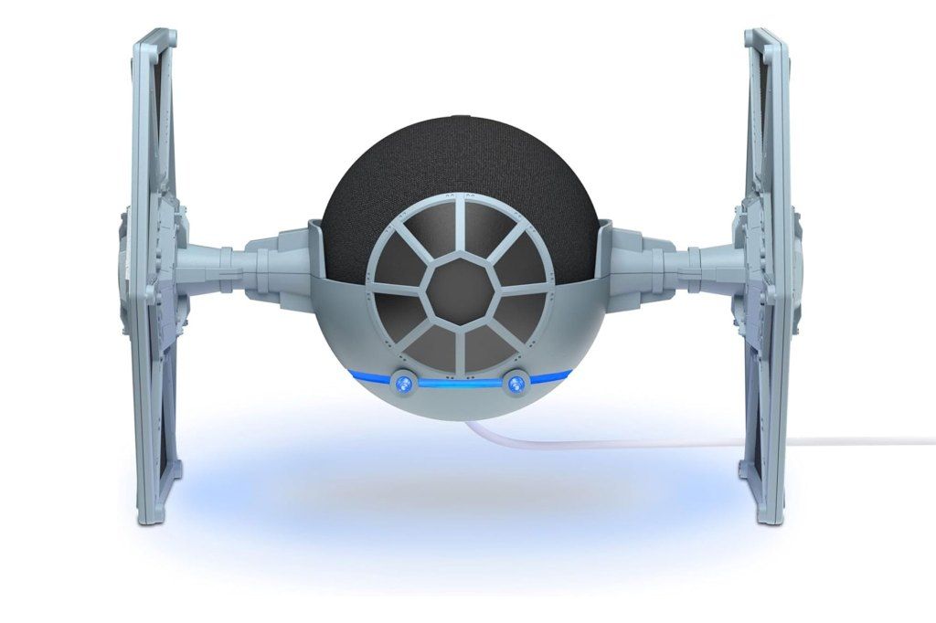 Grey object with a black circle and a blue stripe resembling a TIE Fighter Echo
