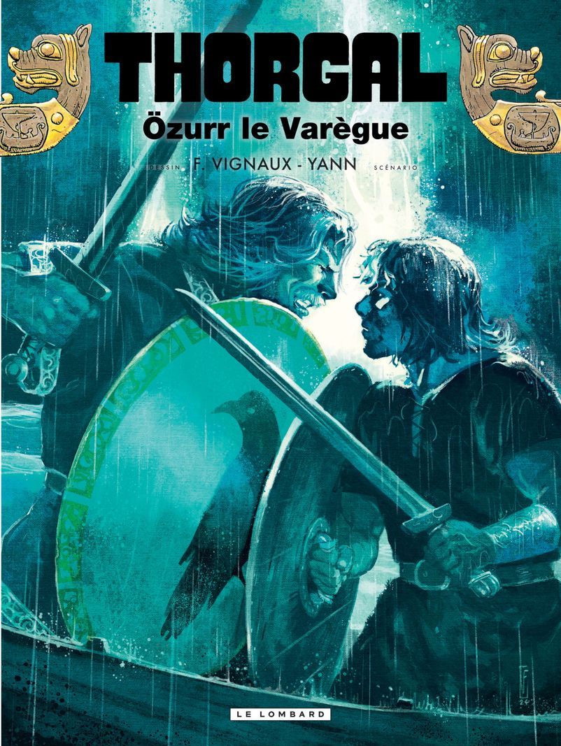 Thorgal comic book cover: two characters in intense combat in the rain, with swords and shields. Thorgal comic book cover: two characters in intense combat in the rain, with swords and shields.